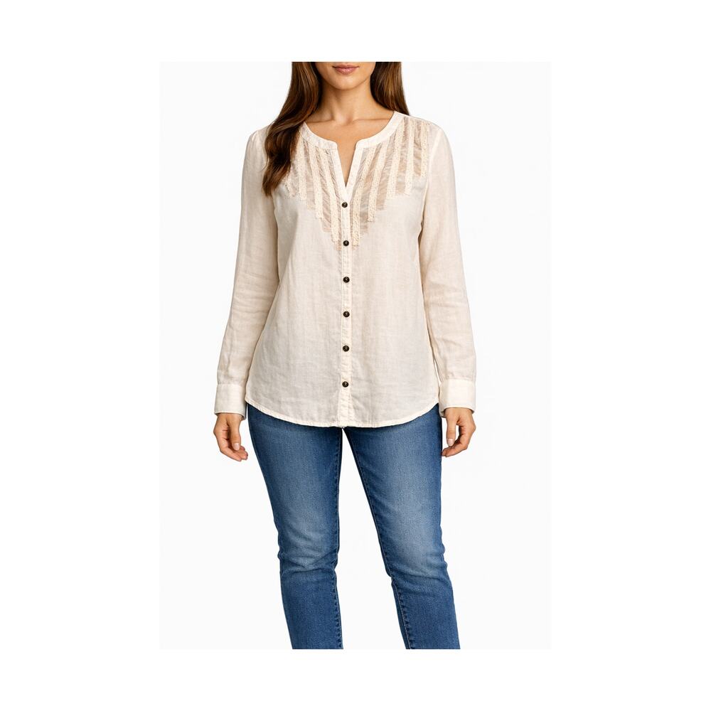 Free People Top Womens Size Small White Cotton Long Sleeve Roll Tab Boho Buttons